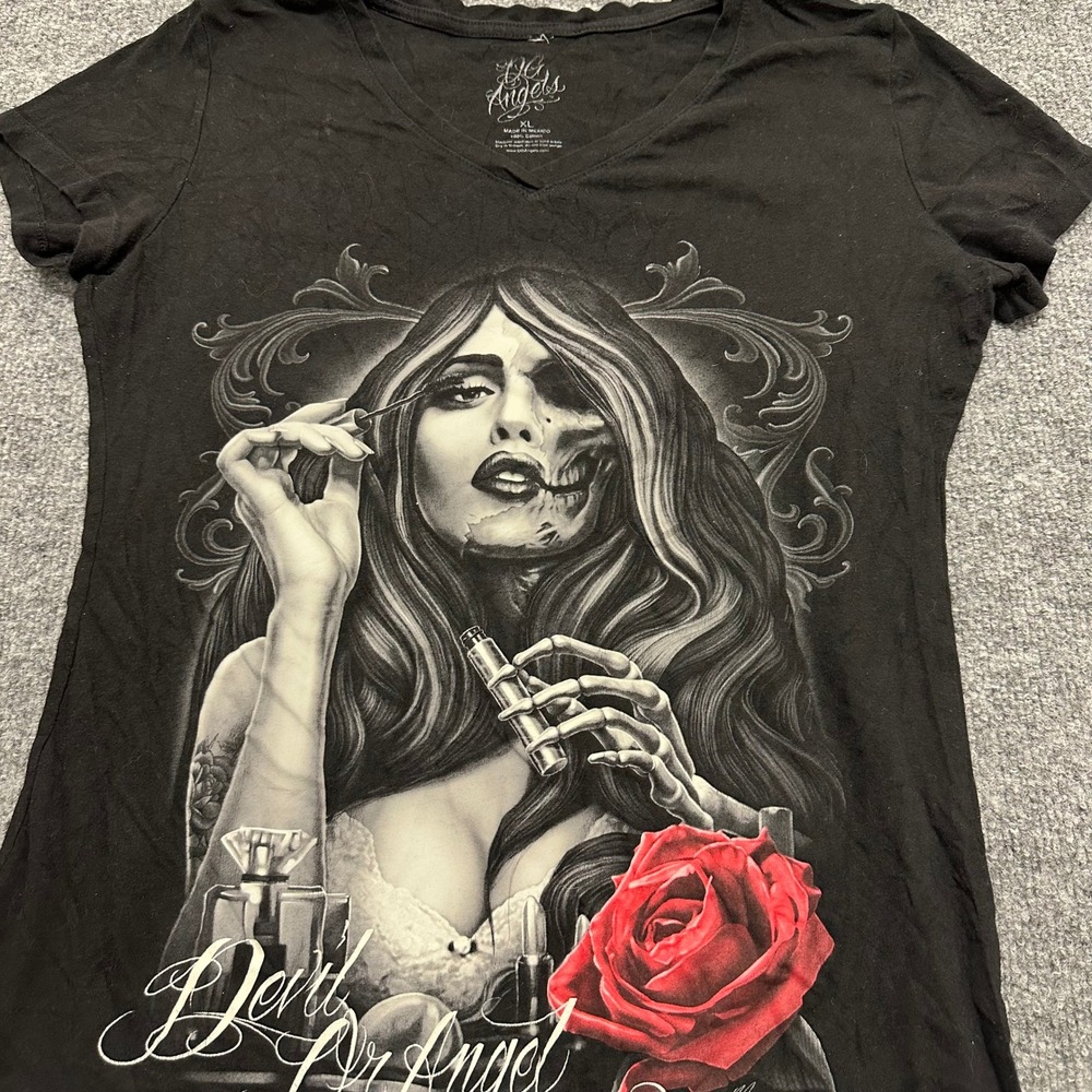 OG Angels T-Shirt Womens Size XL Black Cotton Graphic V-Neck Devil Or Angel Rose